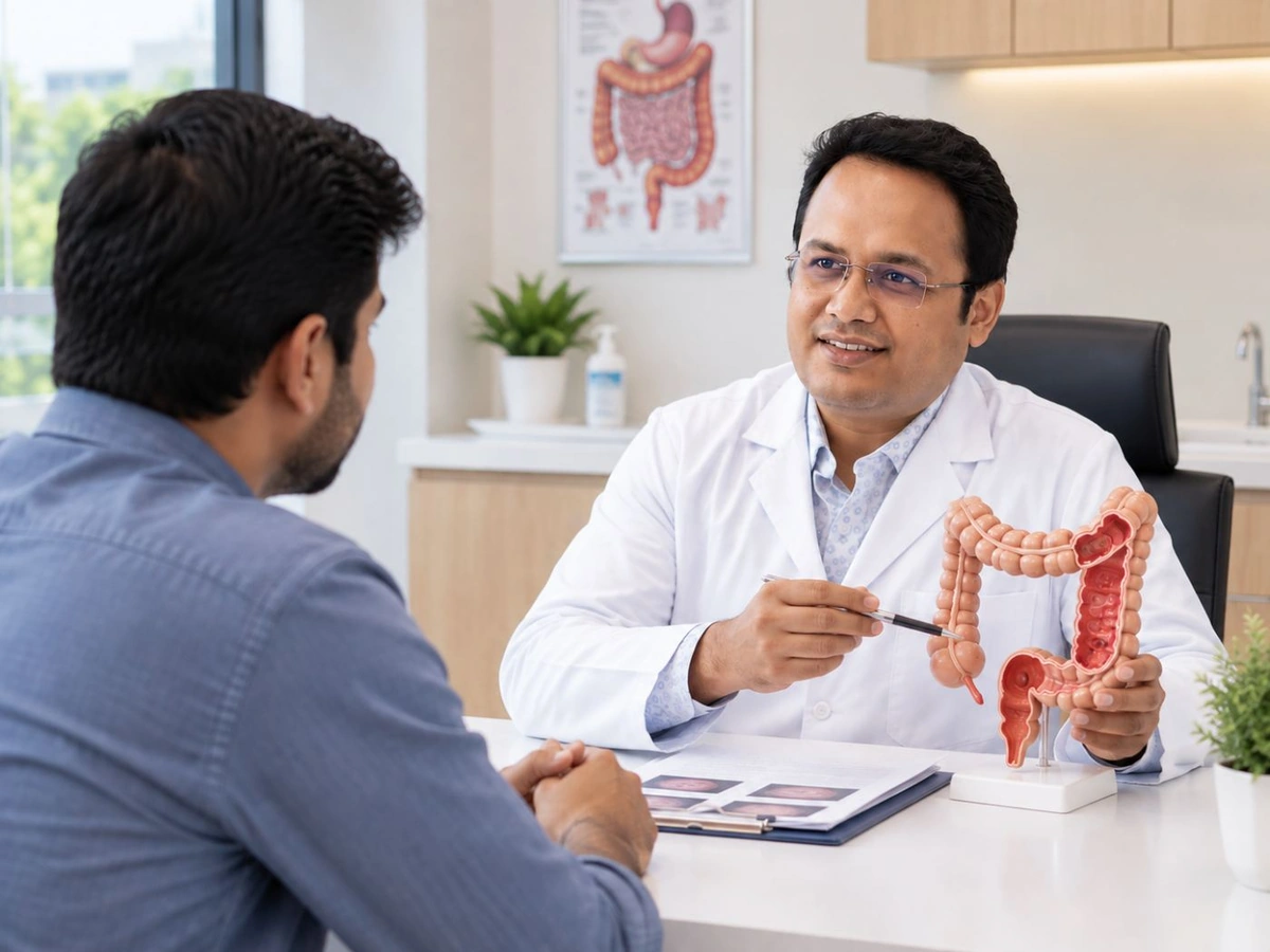 Dr. Ashish Anand explaining a colon model to a patient