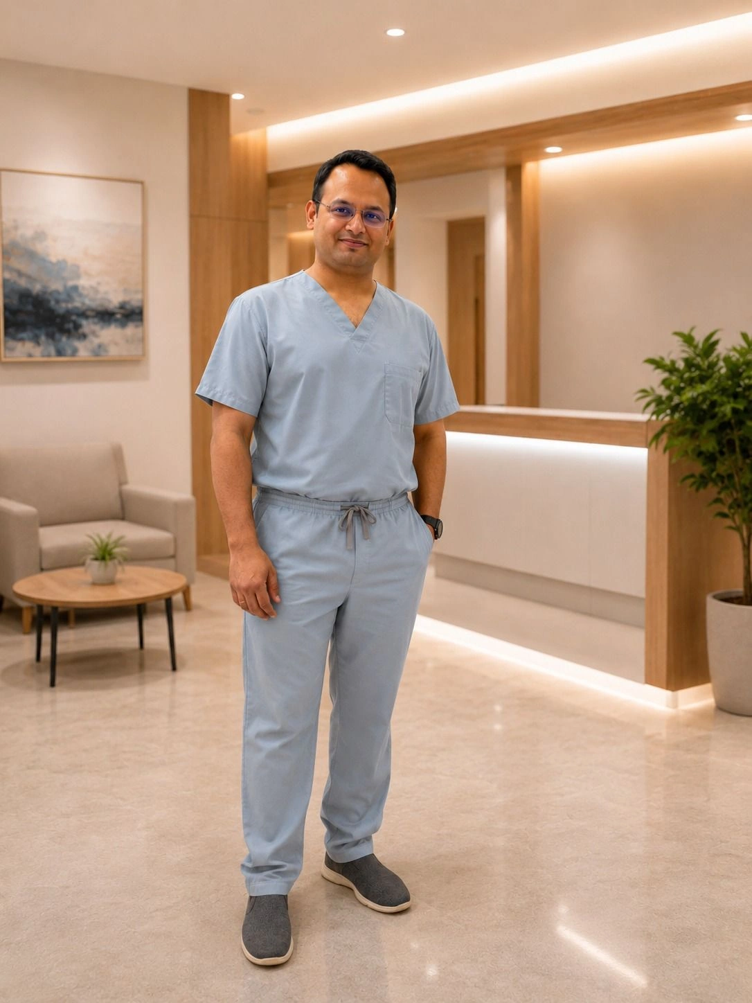 Dr. Ashish Anand in scrubs at his clinic