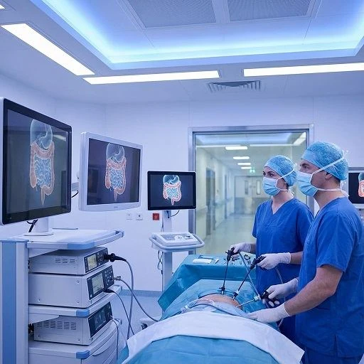 Surgical team performing minimally invasive surgery with monitors